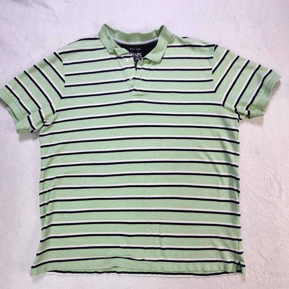 Chaps Easy Care Polo Shirt‎ Mens XL Green White Navy Striped Short Sleeve
